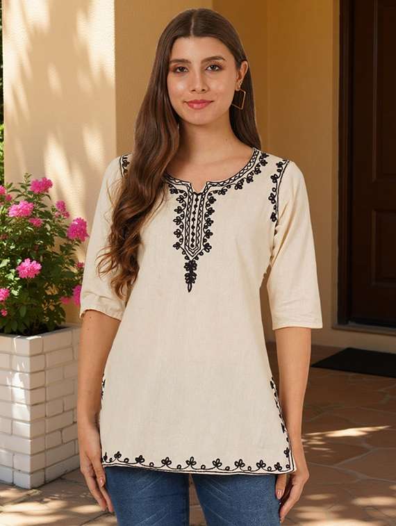 women embroidered three quarter sleeve straight kurti