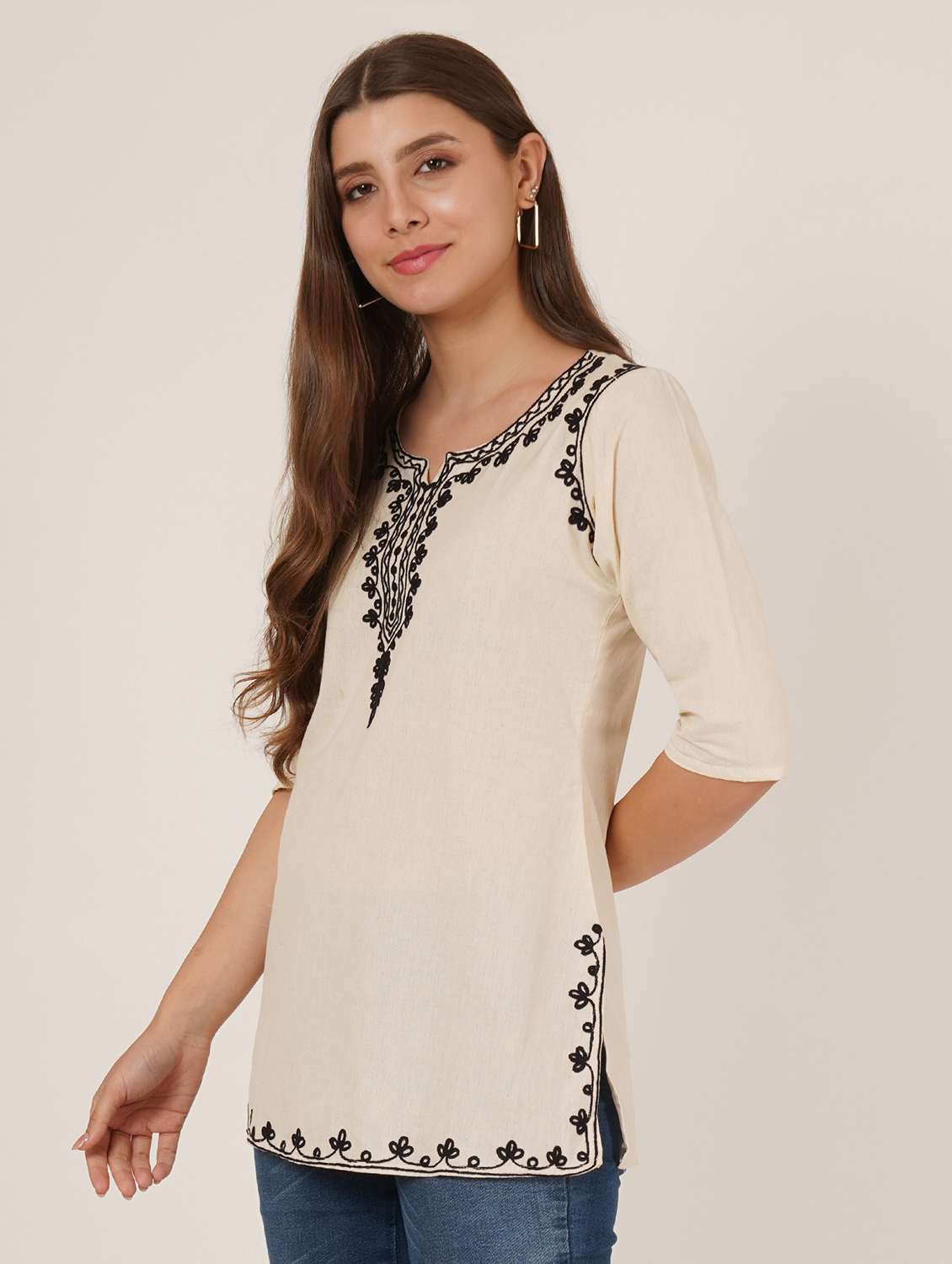 women embroidered three quarter sleeve straight kurti - 22460515 -  Standard Image - 3