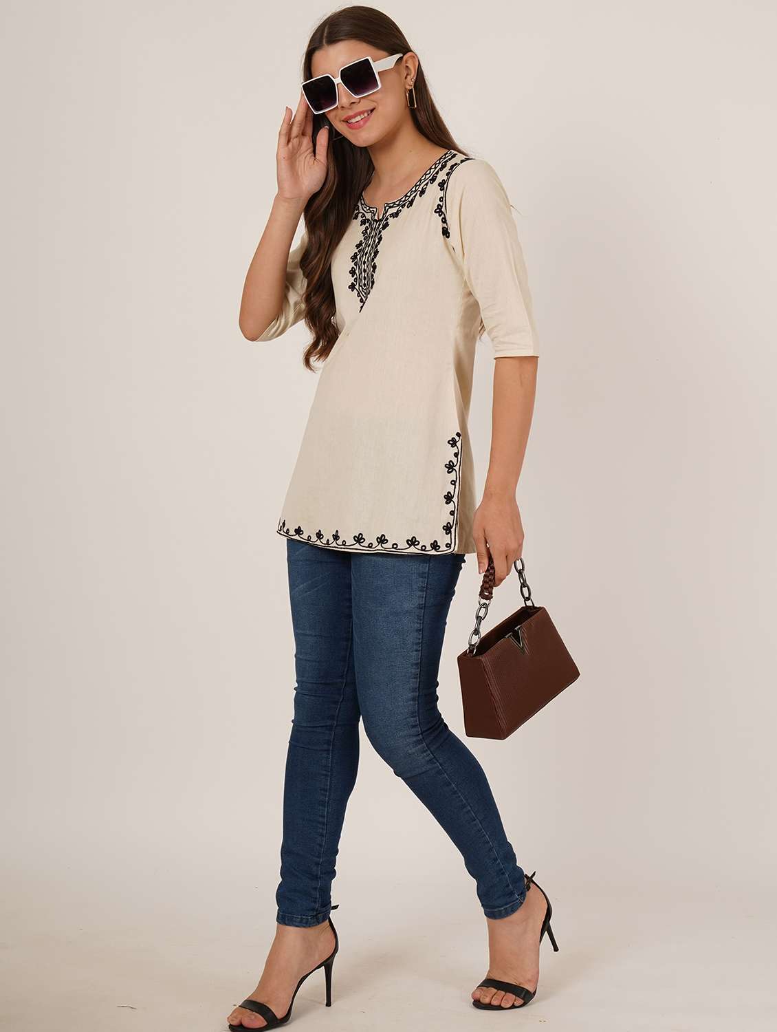 women embroidered three quarter sleeve straight kurti - 22460515 -  Standard Image - 5