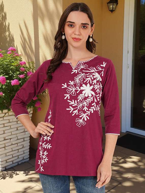 women embroidered three quarter sleeve straight kurti