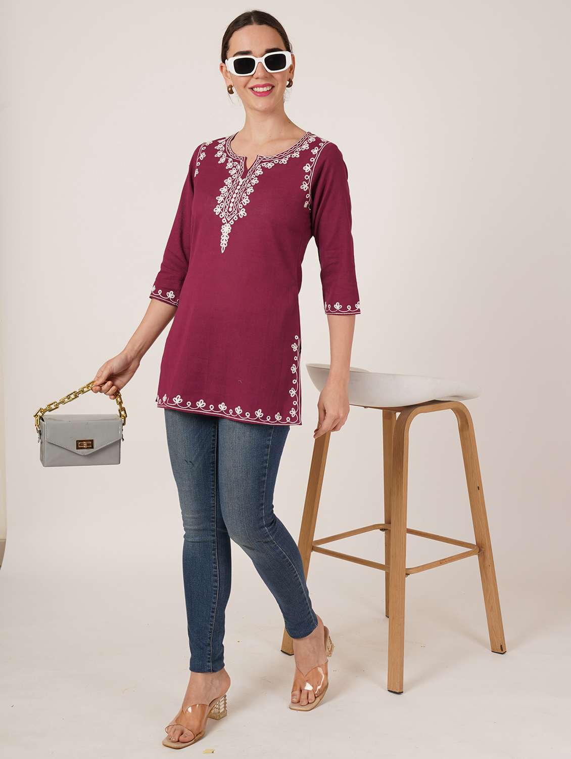 women embroidered three quarter sleeve straight kurti - 22460516 -  Standard Image - 5