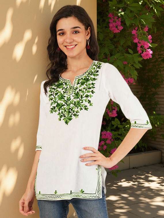 women embroidered three quarter sleeve straight kurti
