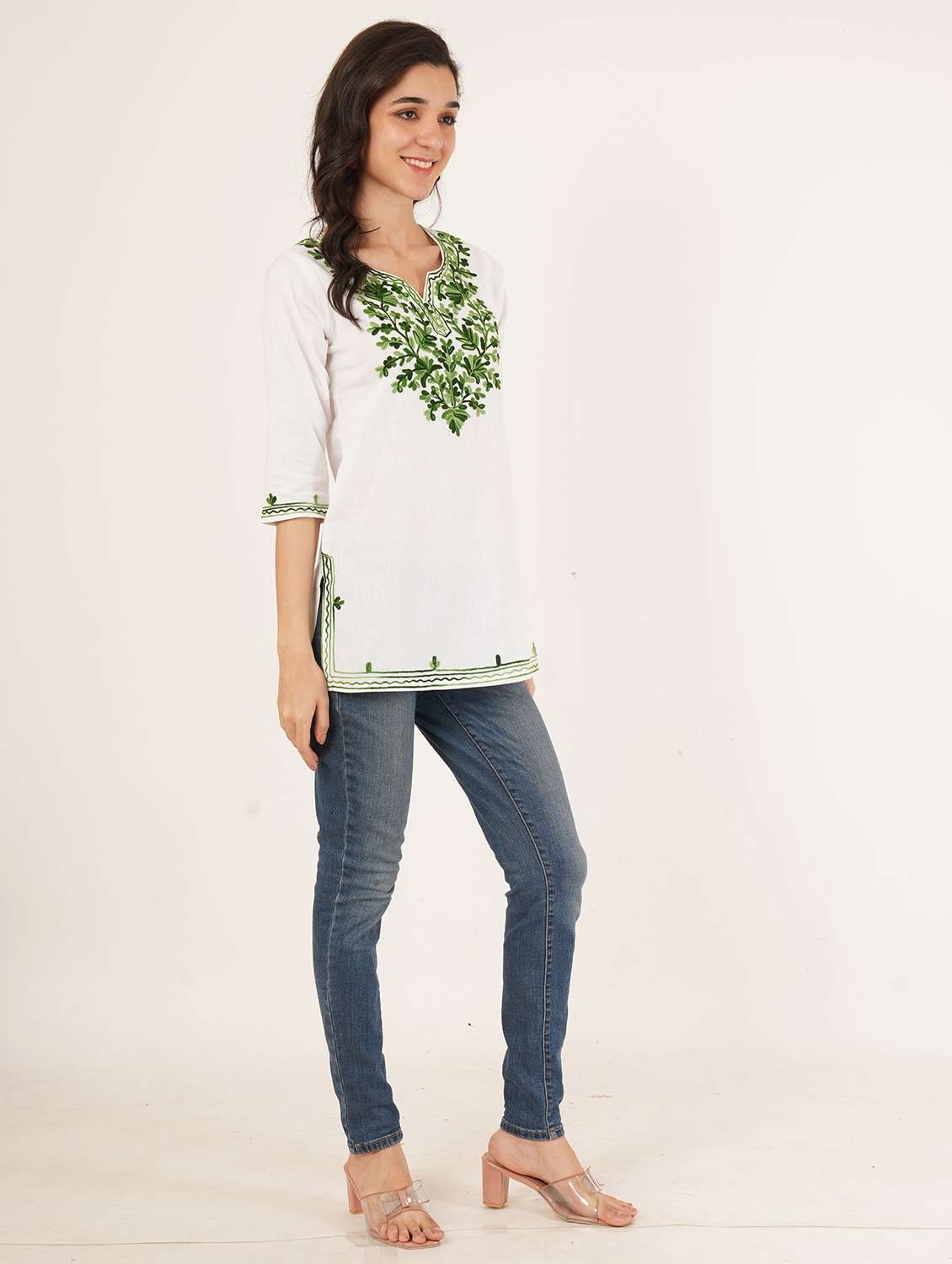 women embroidered three quarter sleeve straight kurti - 22460517 -  Standard Image - 3