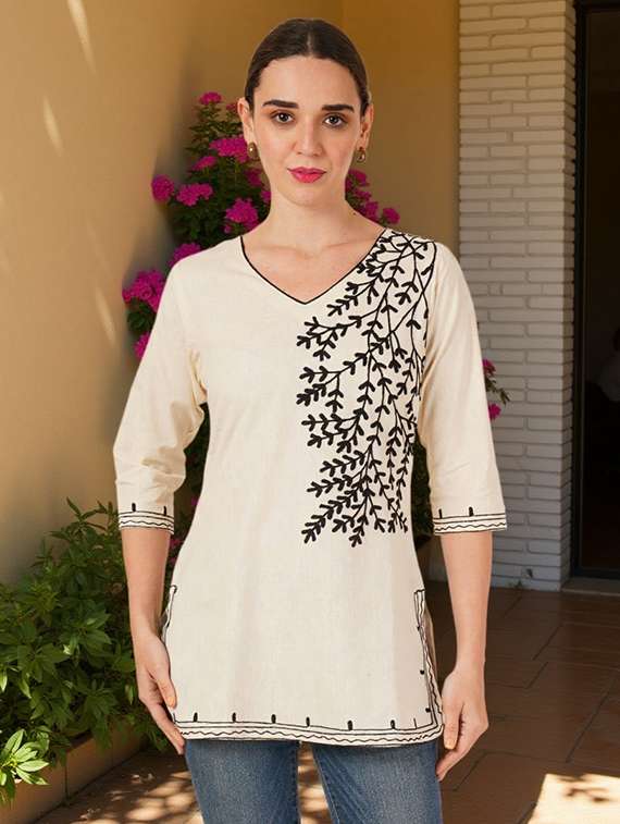 women embroidered three quarter sleeve straight kurti