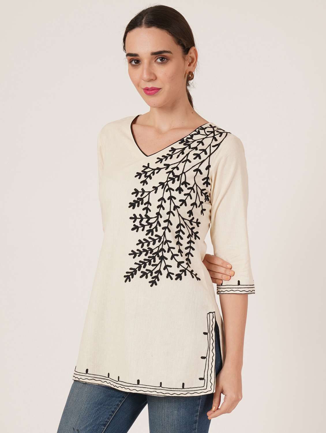 women embroidered three quarter sleeve straight kurti - 22460518 -  Standard Image - 3