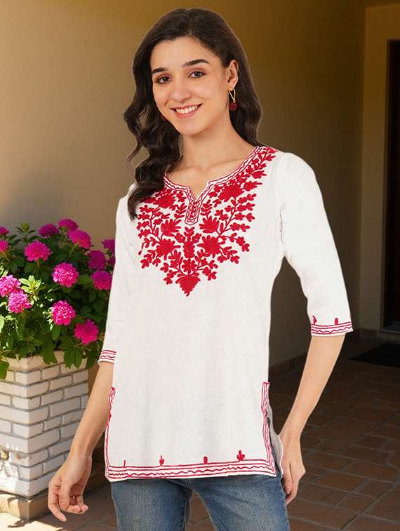 women embroidered three quarter sleeve straight kurti