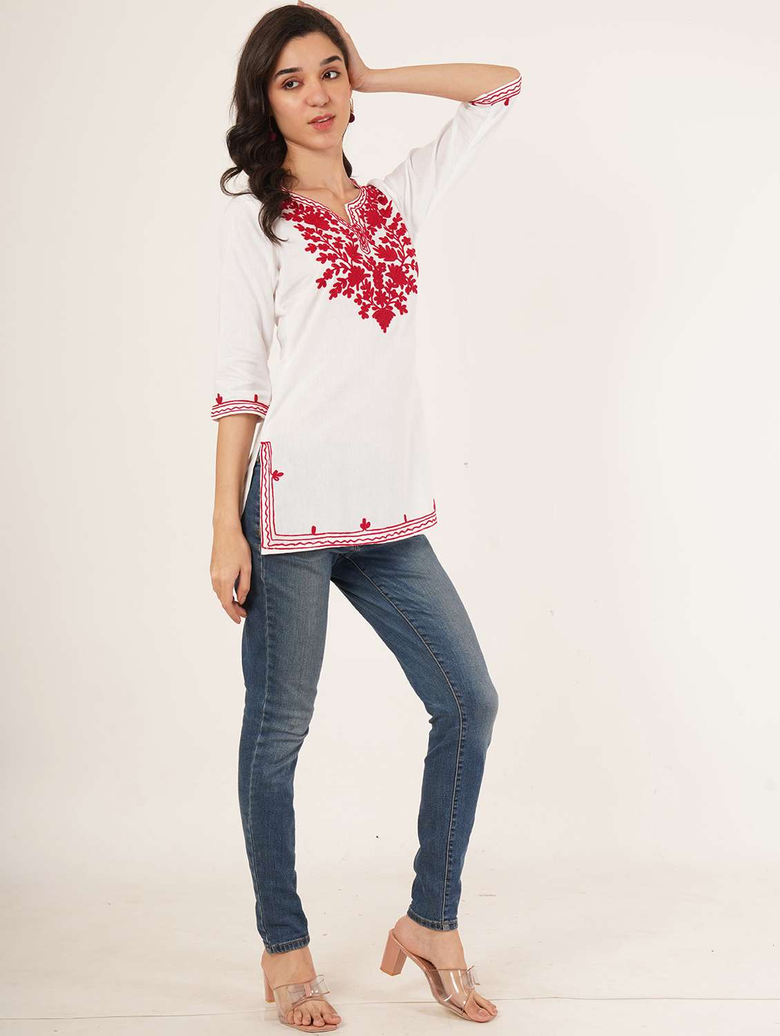 women embroidered three quarter sleeve straight kurti - 22460520 -  Standard Image - 5