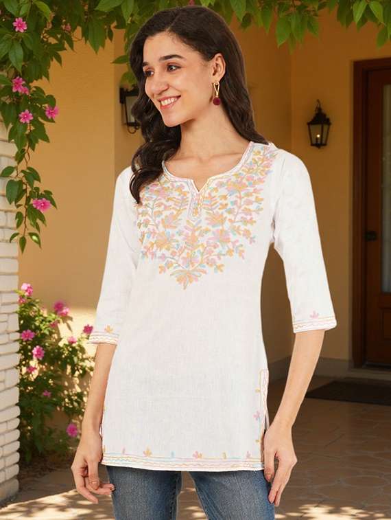 women embroidered three quarter sleeve straight kurti