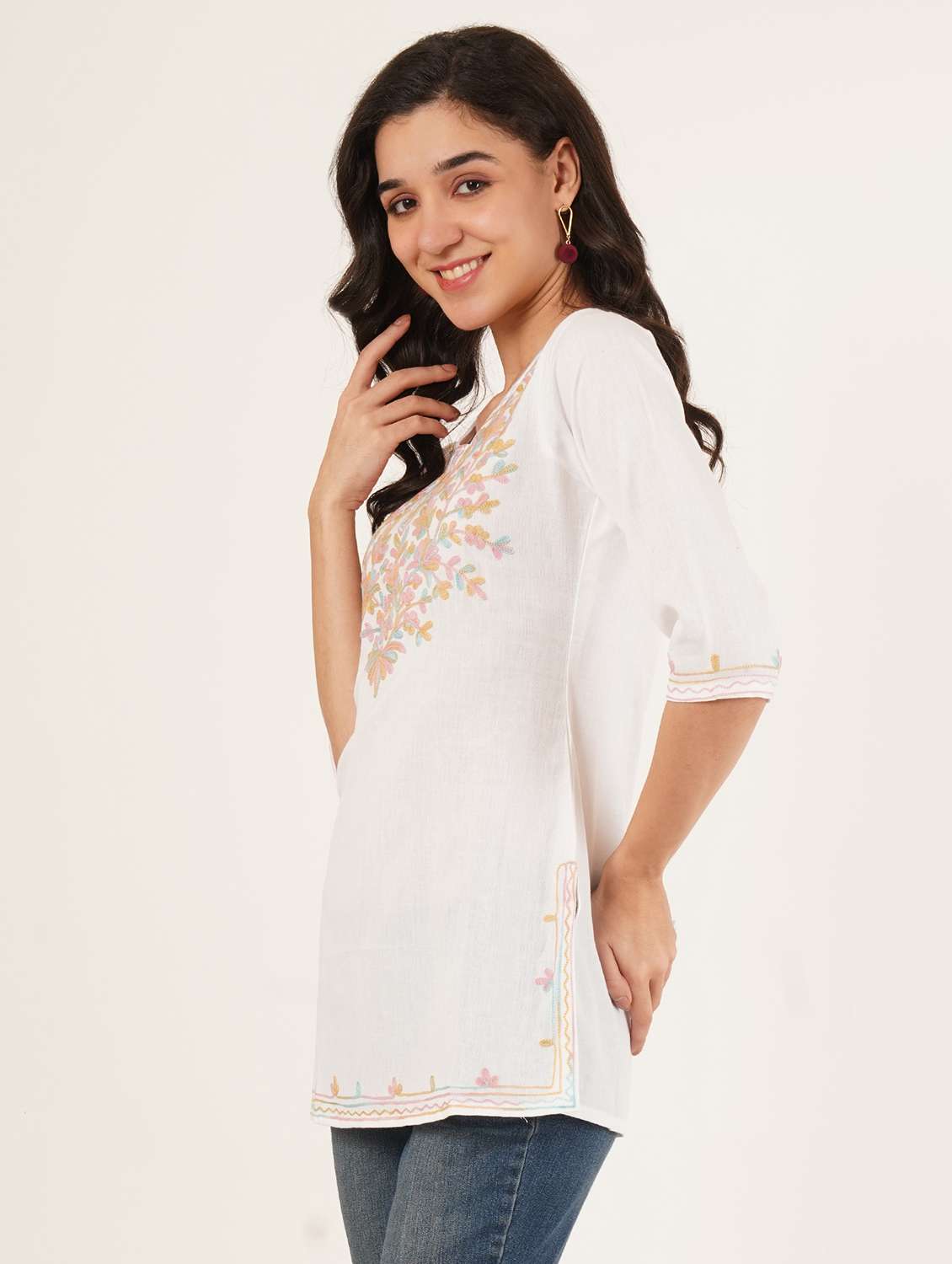 women embroidered three quarter sleeve straight kurti - 22460522 -  Standard Image - 3
