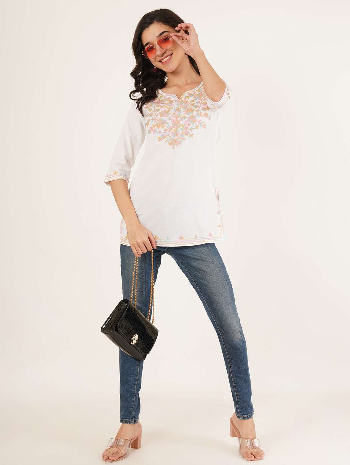 women embroidered three quarter sleeve straight kurti - 22460522 -  Standard Image - 5