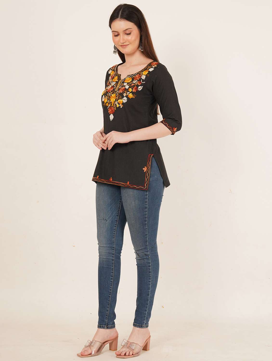 women embroidered three quarter sleeve straight kurti - 22460524 -  Standard Image - 5