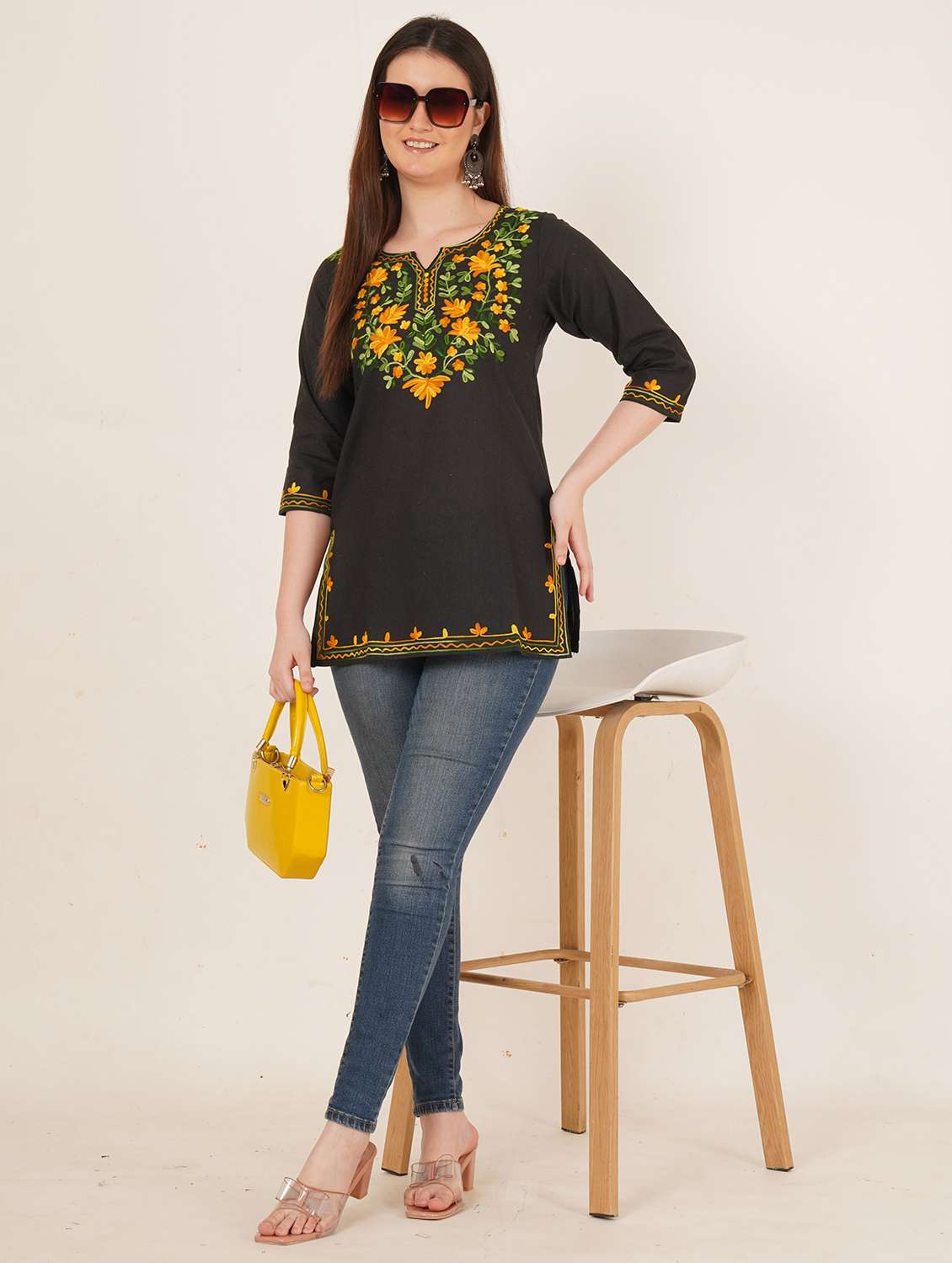 women embroidered three quarter sleeve straight kurti - 22460525 -  Standard Image - 3