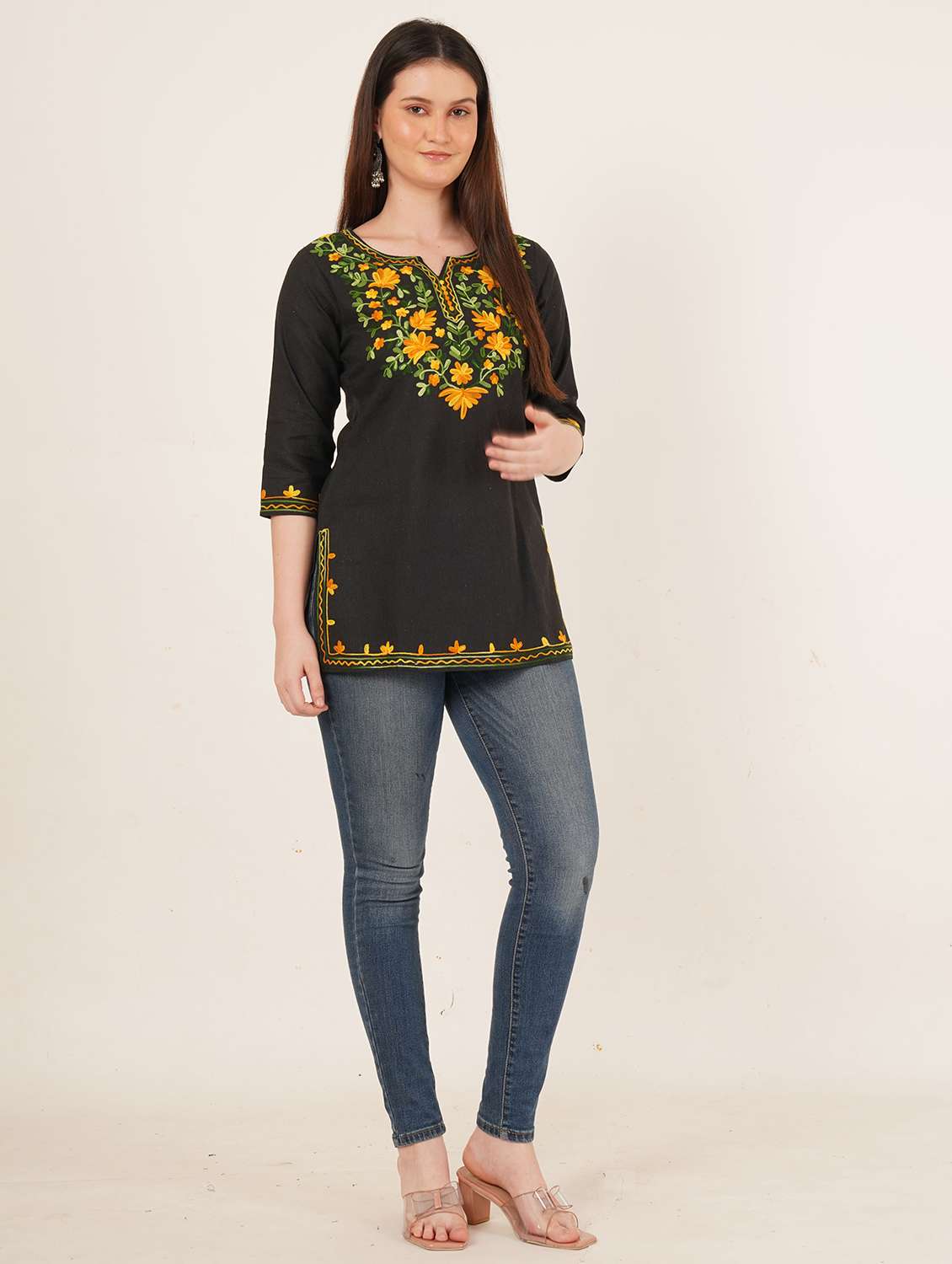women embroidered three quarter sleeve straight kurti - 22460525 -  Standard Image - 5