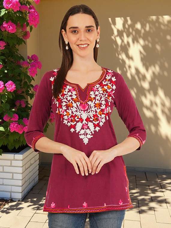 women embroidered three quarter sleeve straight kurti