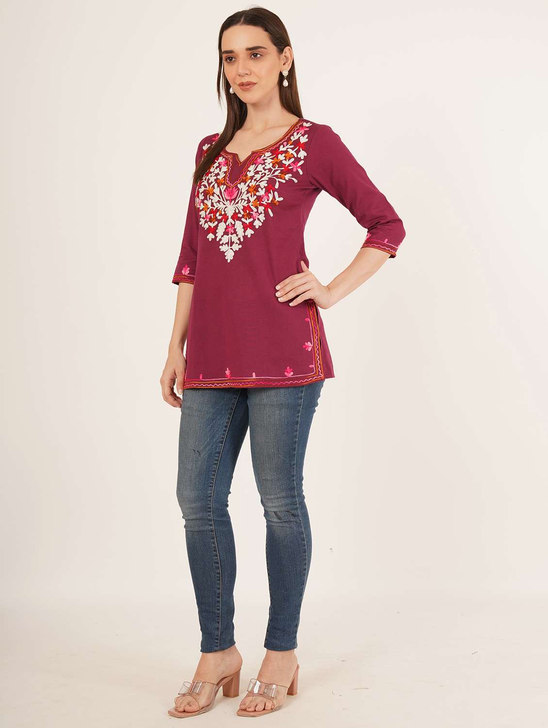 women embroidered three quarter sleeve straight kurti - 22460526 -  Standard Image - 5
