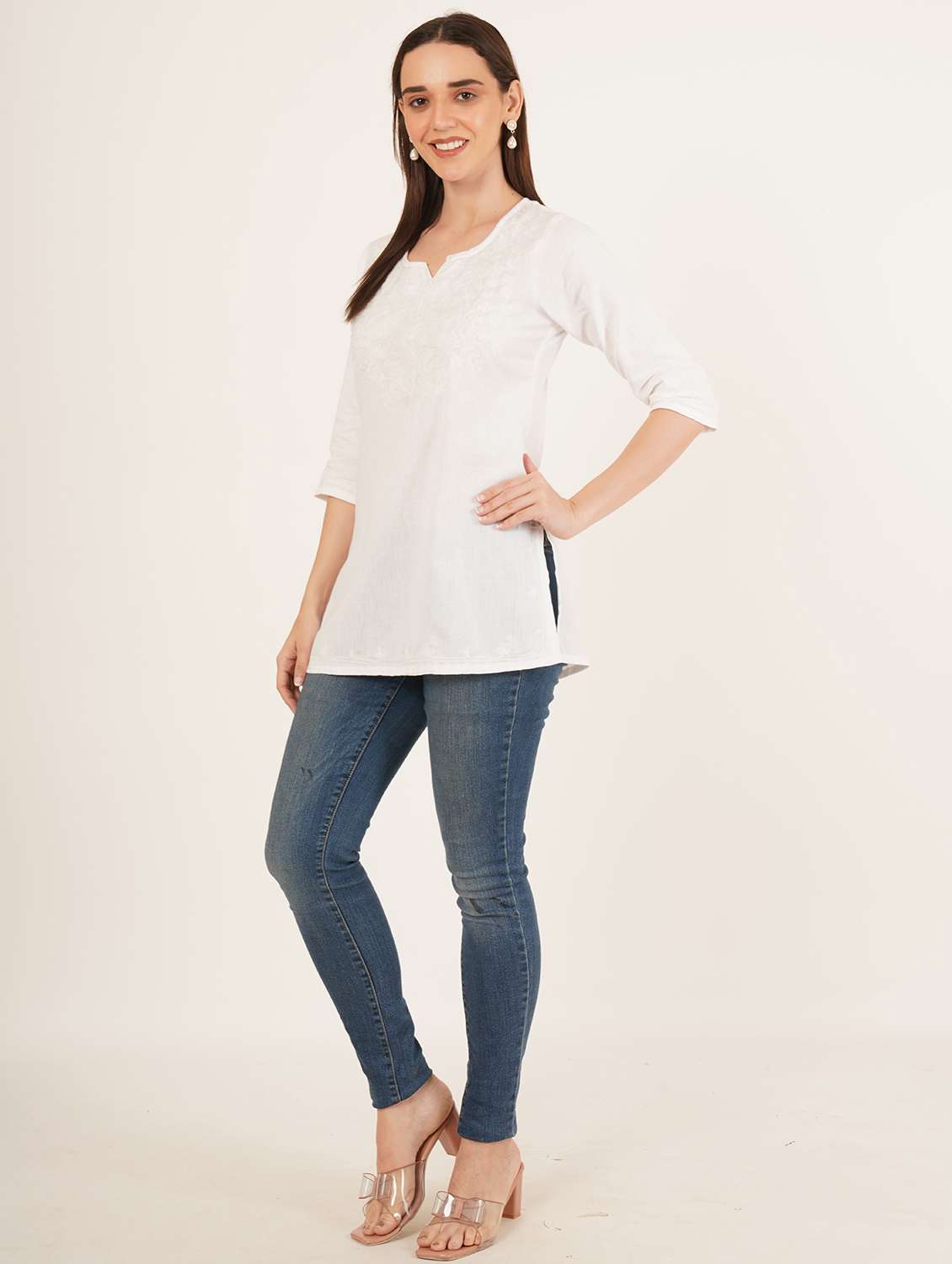 women embroidered three quarter sleeve straight kurti - 22460527 -  Standard Image - 5