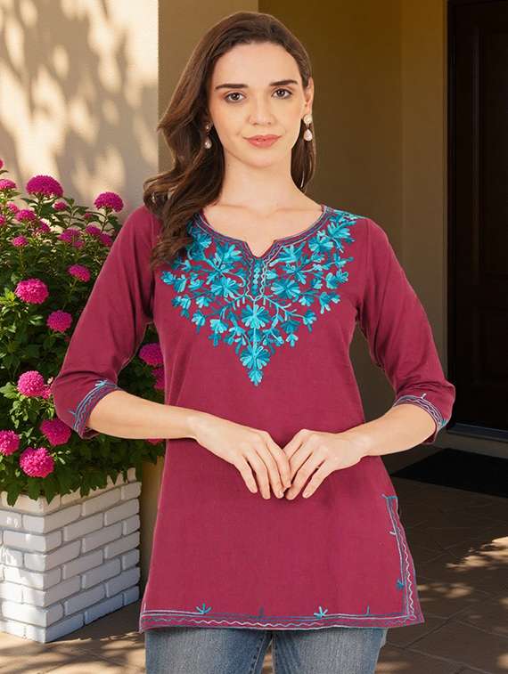 women embroidered three quarter sleeve straight kurti