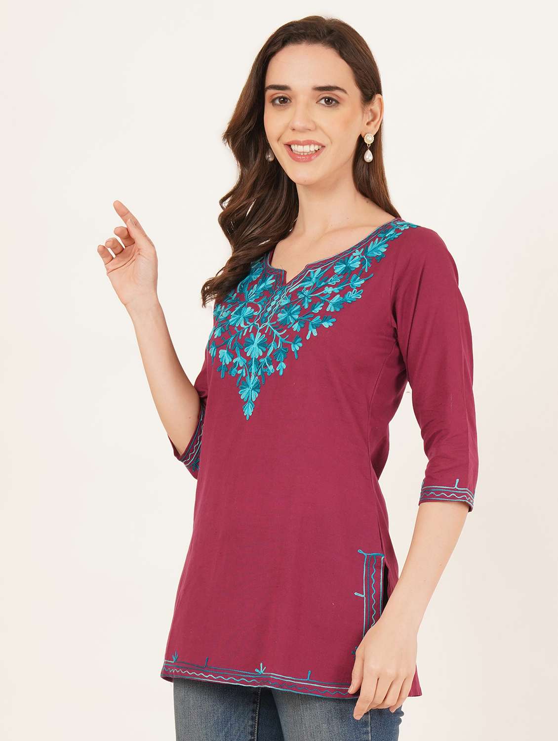 women embroidered three quarter sleeve straight kurti - 22460529 -  Standard Image - 3