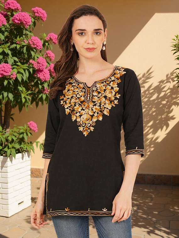 women embroidered three quarter sleeve straight kurti