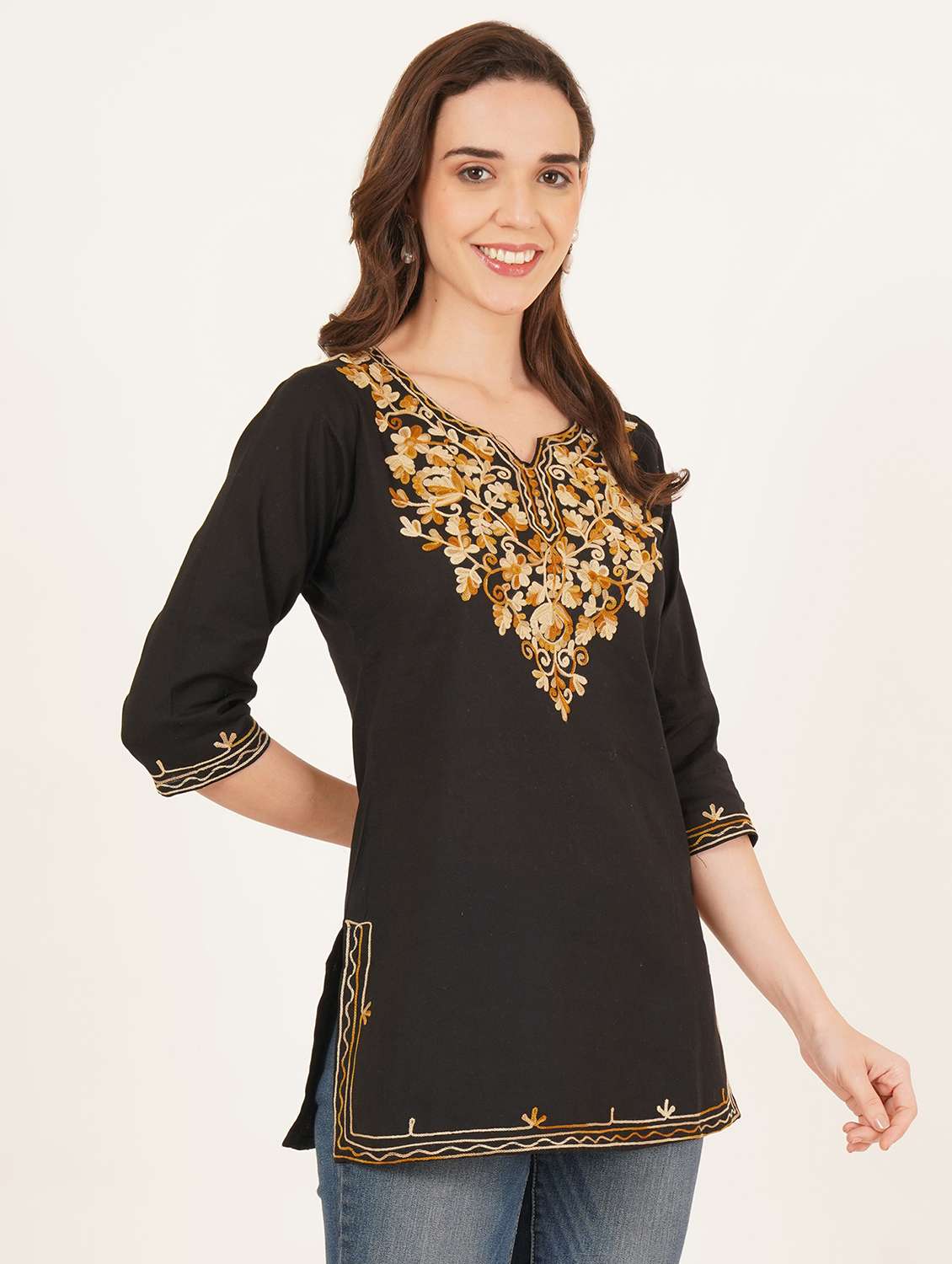 women embroidered three quarter sleeve straight kurti - 22460530 -  Standard Image - 3