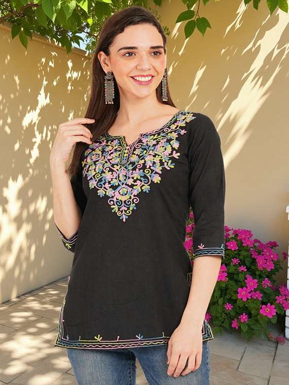 women embroidered three quarter sleeve straight kurti