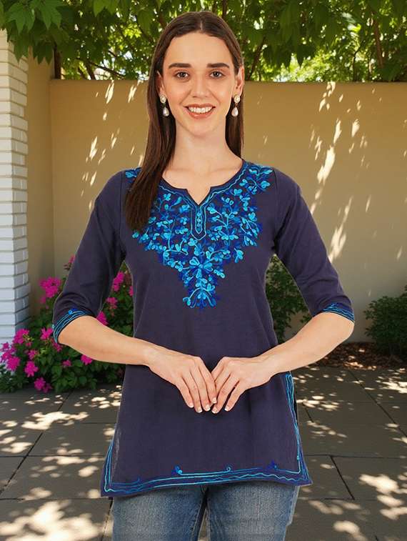 women embroidered three quarter sleeve straight kurti