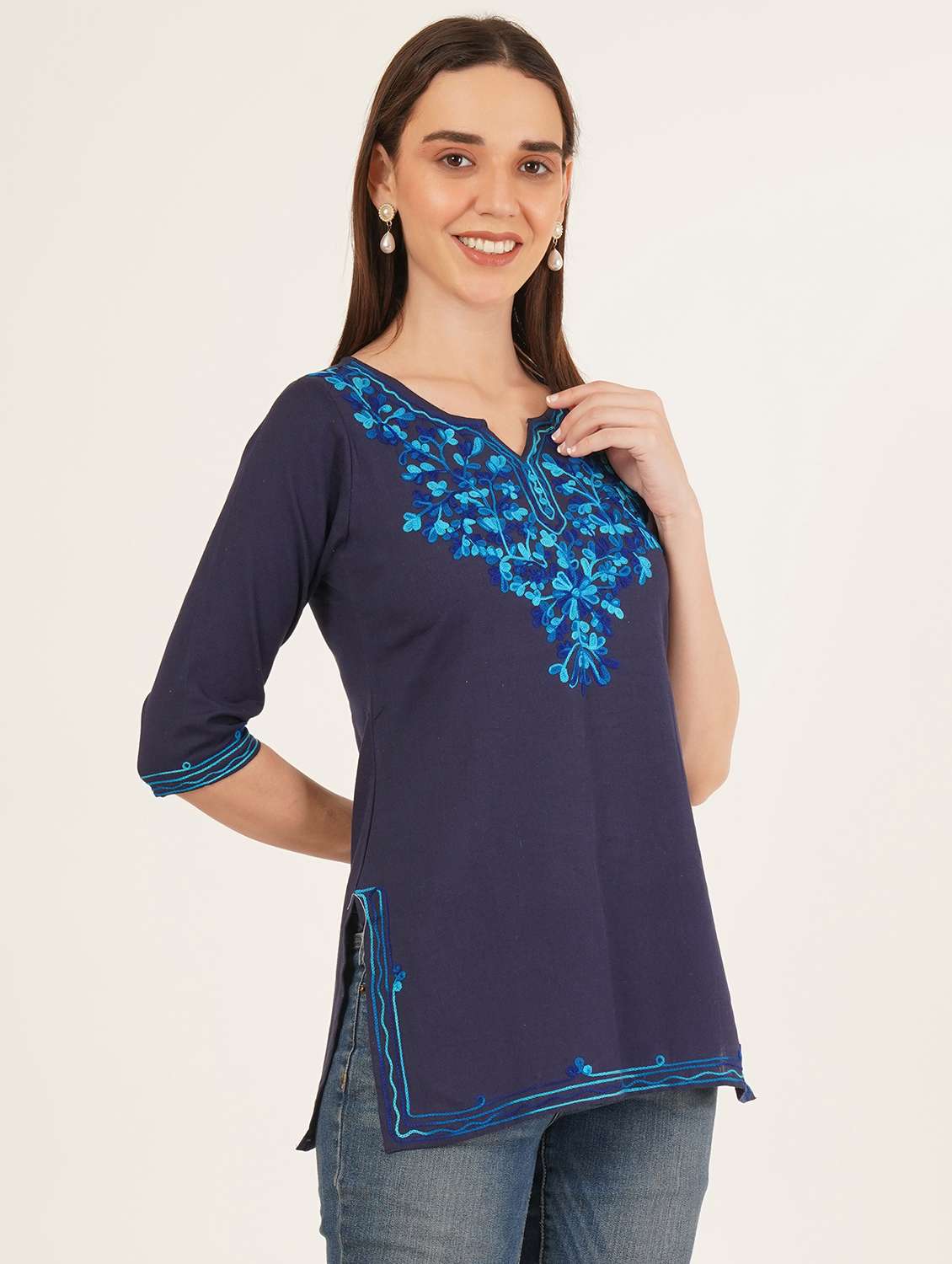women embroidered three quarter sleeve straight kurti - 22460541 -  Standard Image - 3