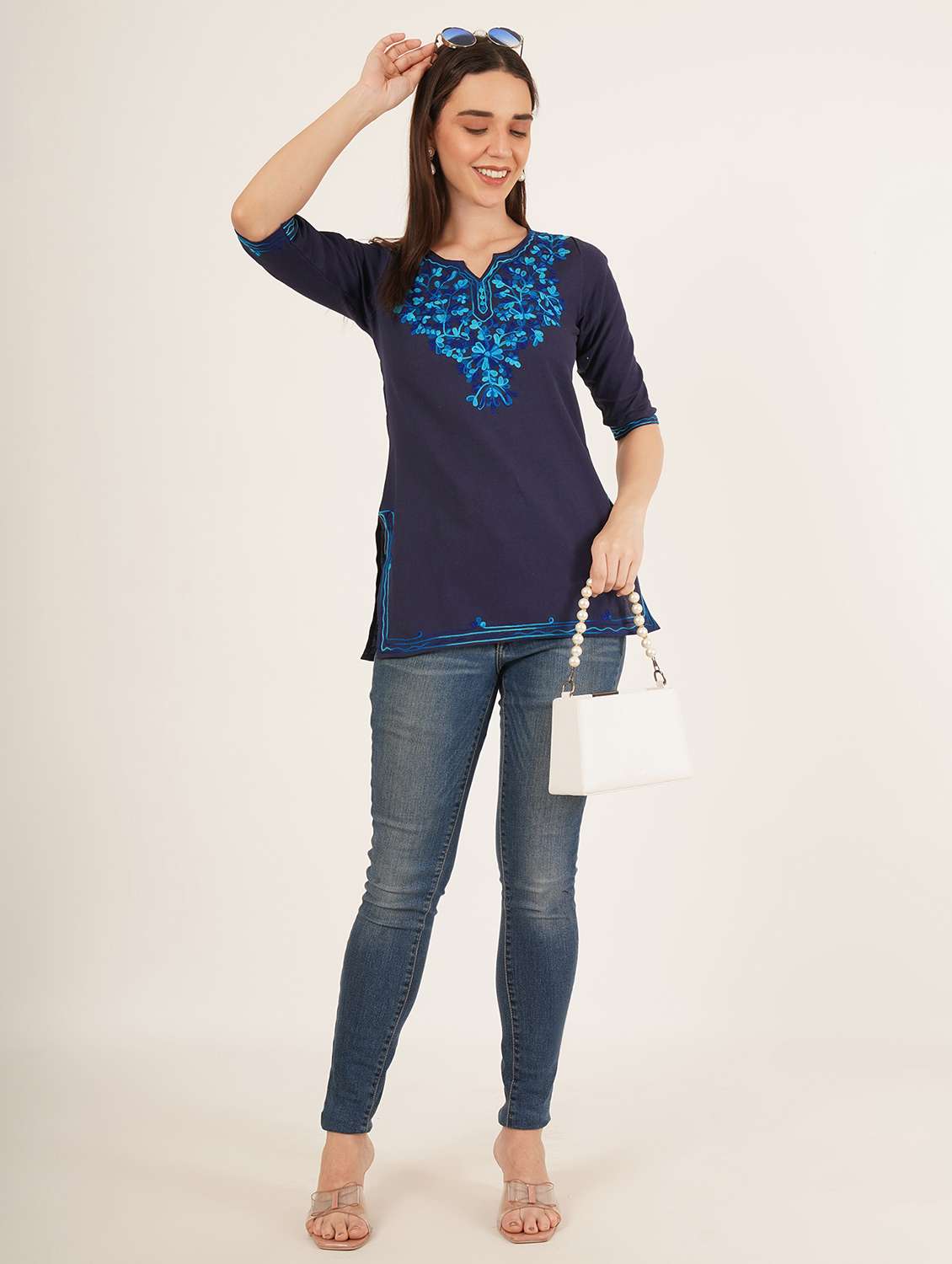 women embroidered three quarter sleeve straight kurti - 22460541 -  Standard Image - 5