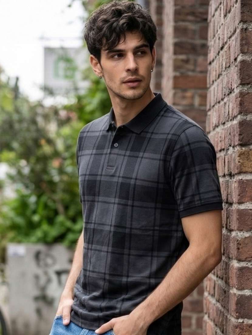 men checkered short sleeve regular fit polo t-shirt