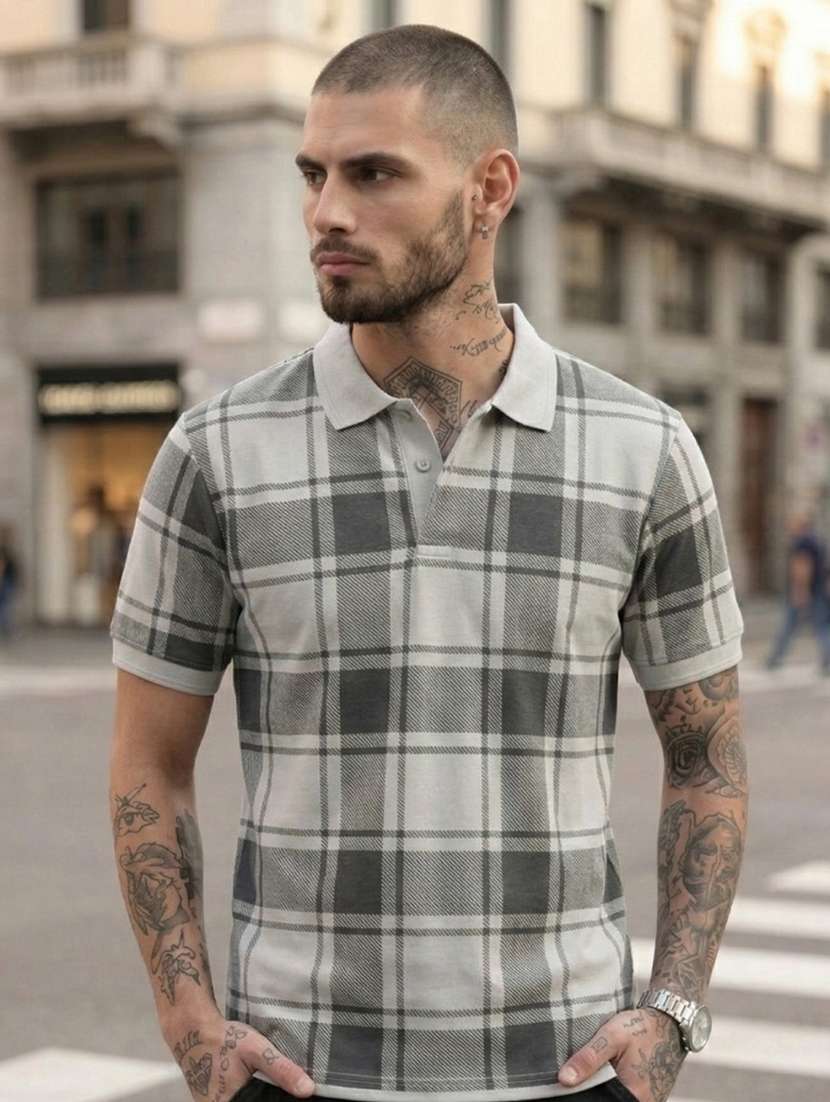 men checkered short sleeve regular fit polo t-shirt