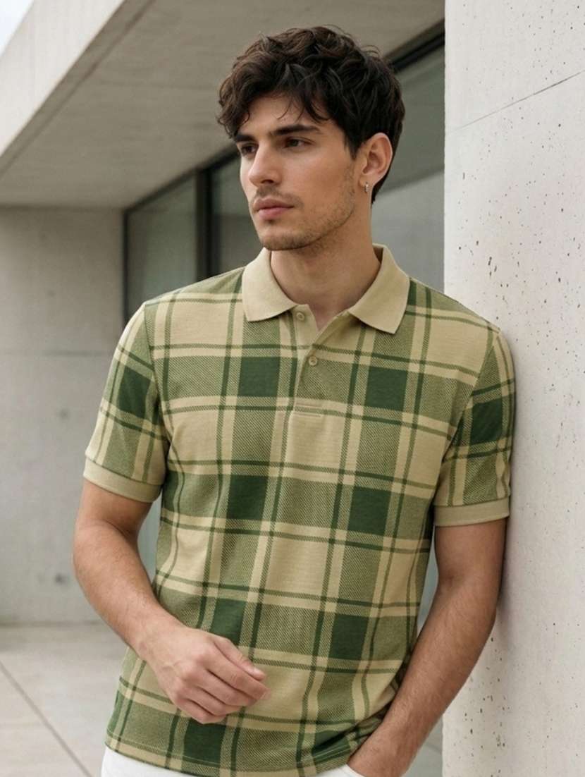 men checkered short sleeve regular fit polo t-shirt
