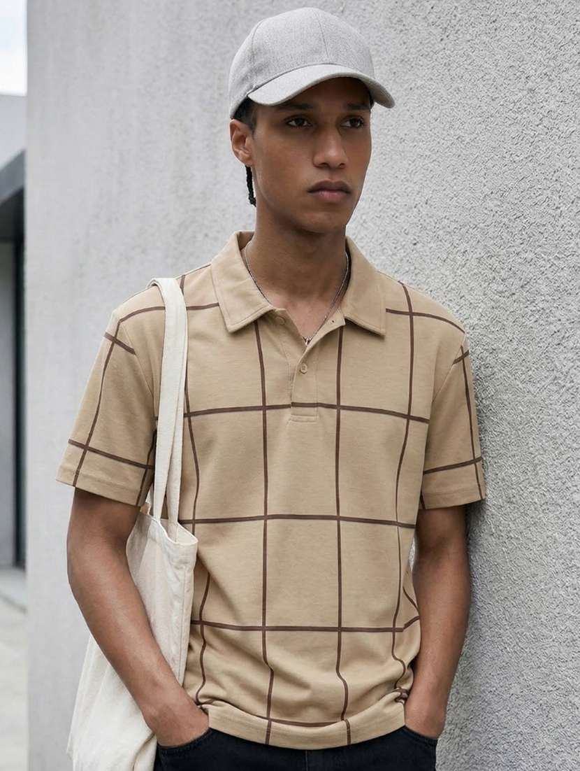 men checkered short sleeve regular fit polo t-shirt
