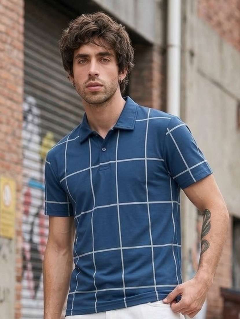 men checkered short sleeve regular fit polo t-shirt