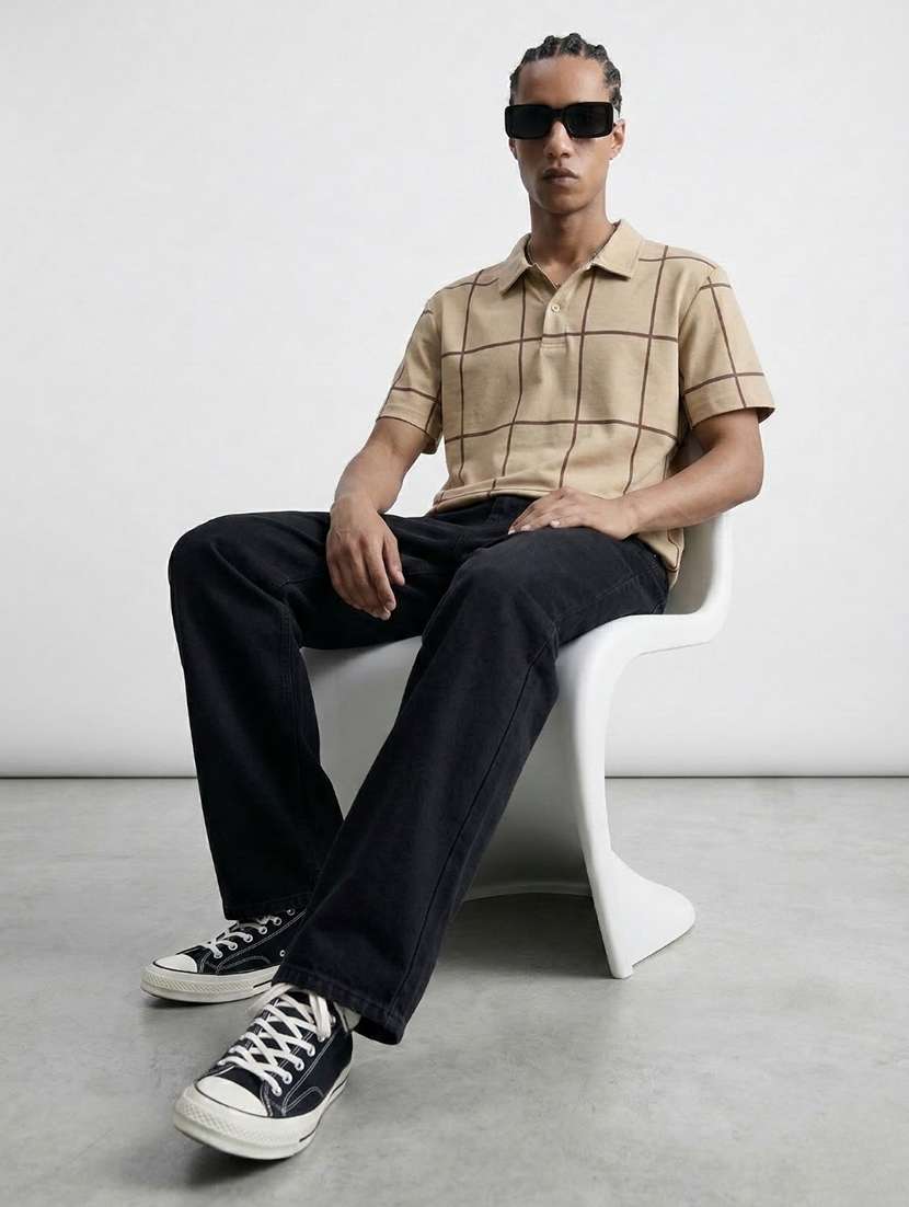 men checkered short sleeve regular fit polo t-shirt