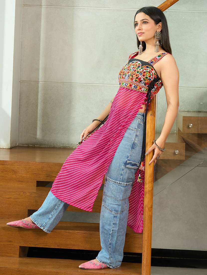women pink georgette side slit kurti - 22460952 -  Standard Image - 3