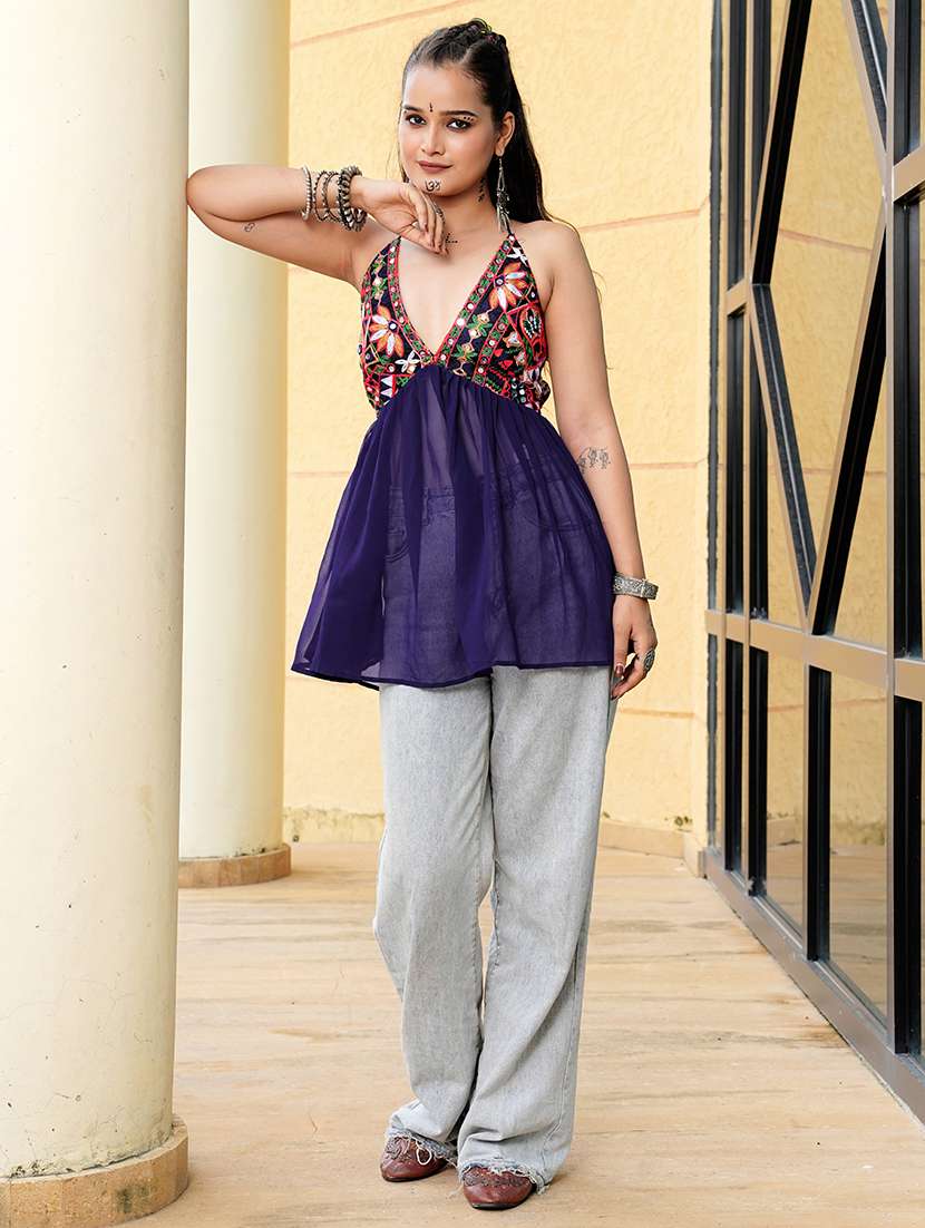 women blue georgette side slit kurti