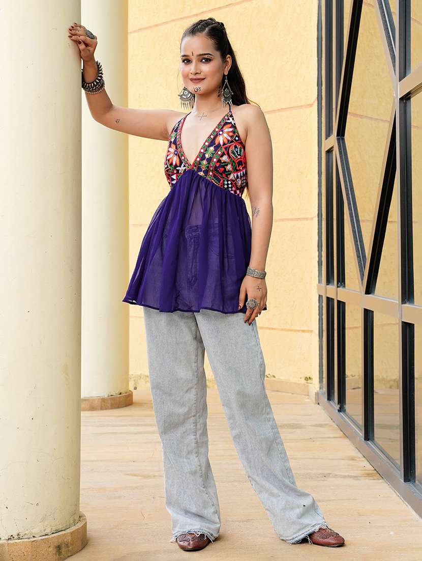 women blue georgette side slit kurti - 22460957 -  Standard Image - 3