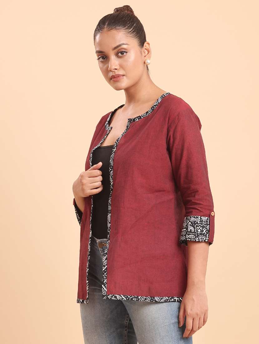  women printed cotton maroon shrug festive wear