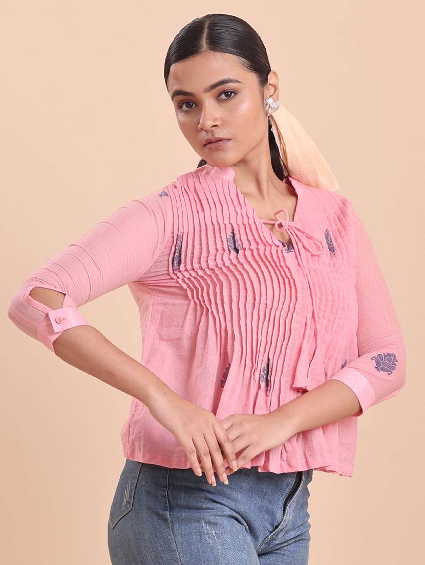 women solid pink cotton regular top