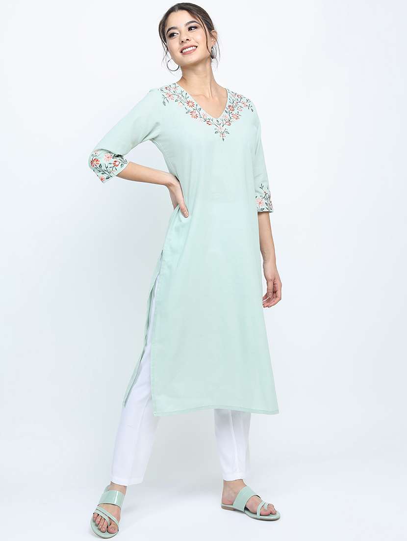 women solid with work three quarter sleeve straight kurta