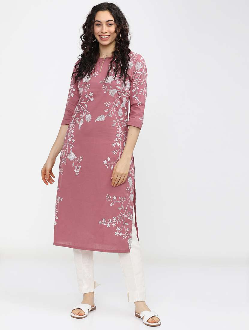 women solid with work three quarter sleeve straight kurta
