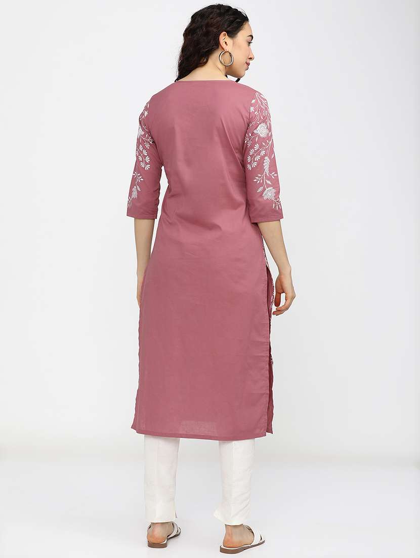 women solid with work three quarter sleeve straight kurta - 22462168 -  Standard Image - 3