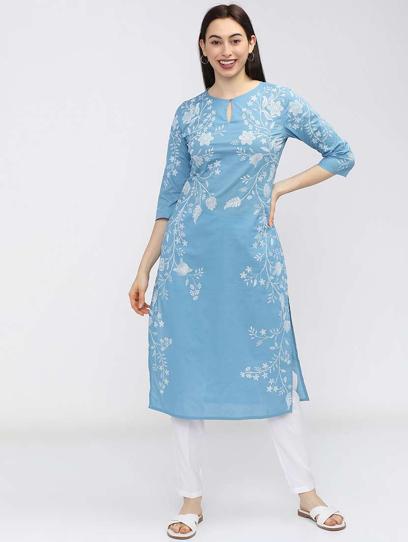 women solid with work three quarter sleeve straight kurta