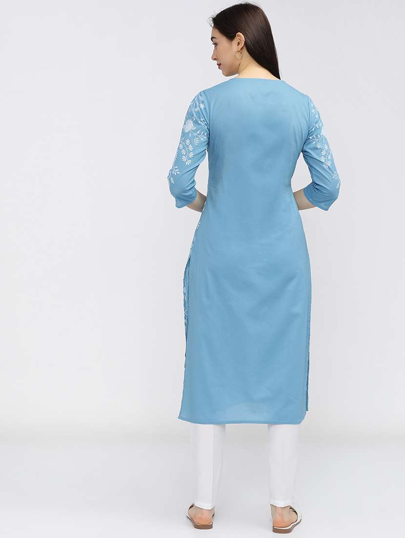 women solid with work three quarter sleeve straight kurta - 22462169 -  Standard Image - 3