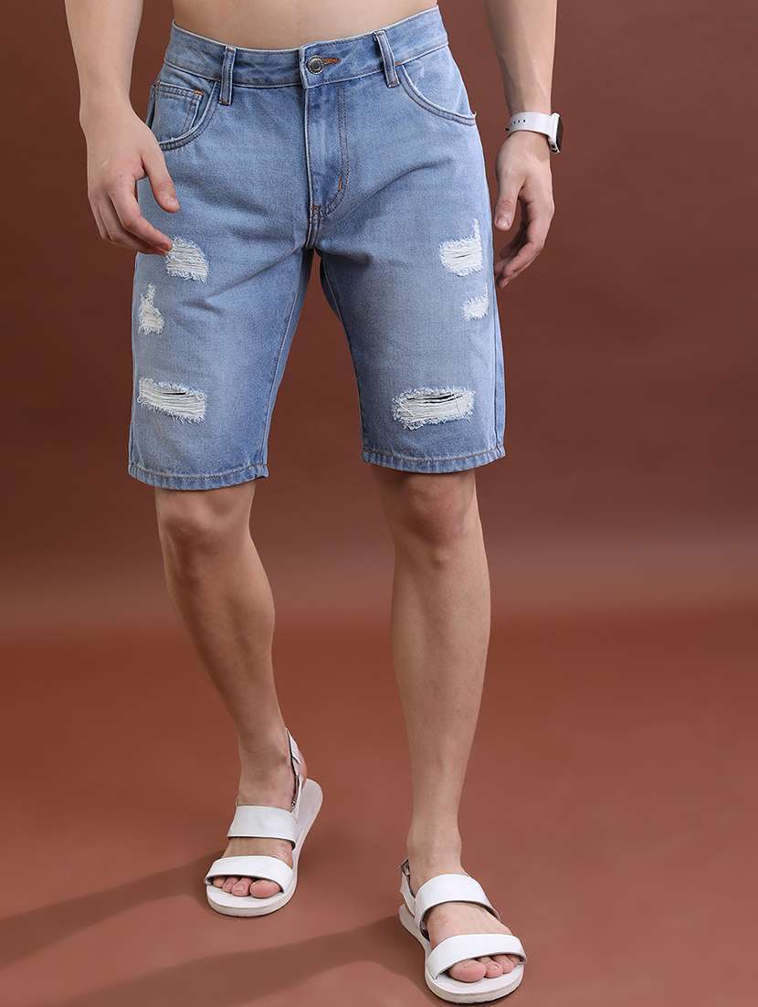 men distress mid rise regular fit denim shorts