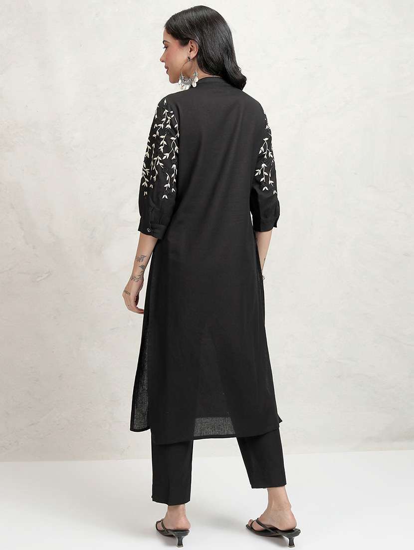 women solid with work three quarter sleeve kurta pant set - 22462181 -  Standard Image - 3