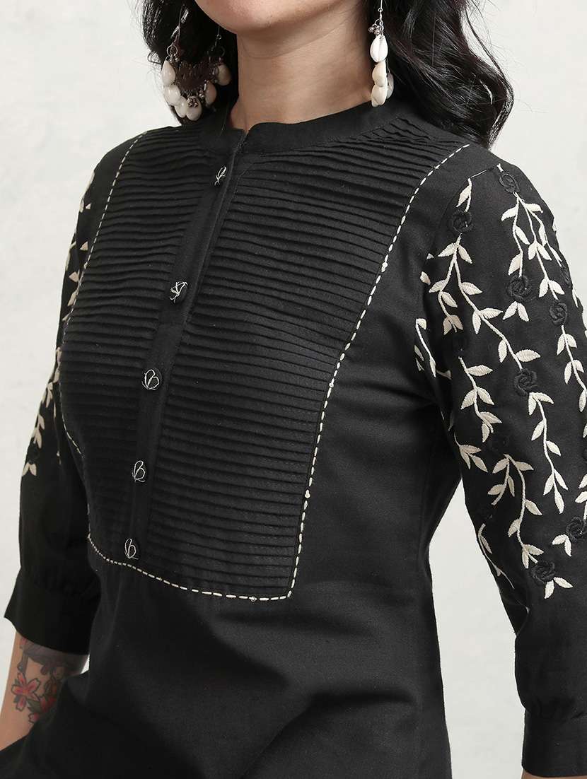 women solid with work three quarter sleeve kurta pant set - 22462181 -  Standard Image - 5