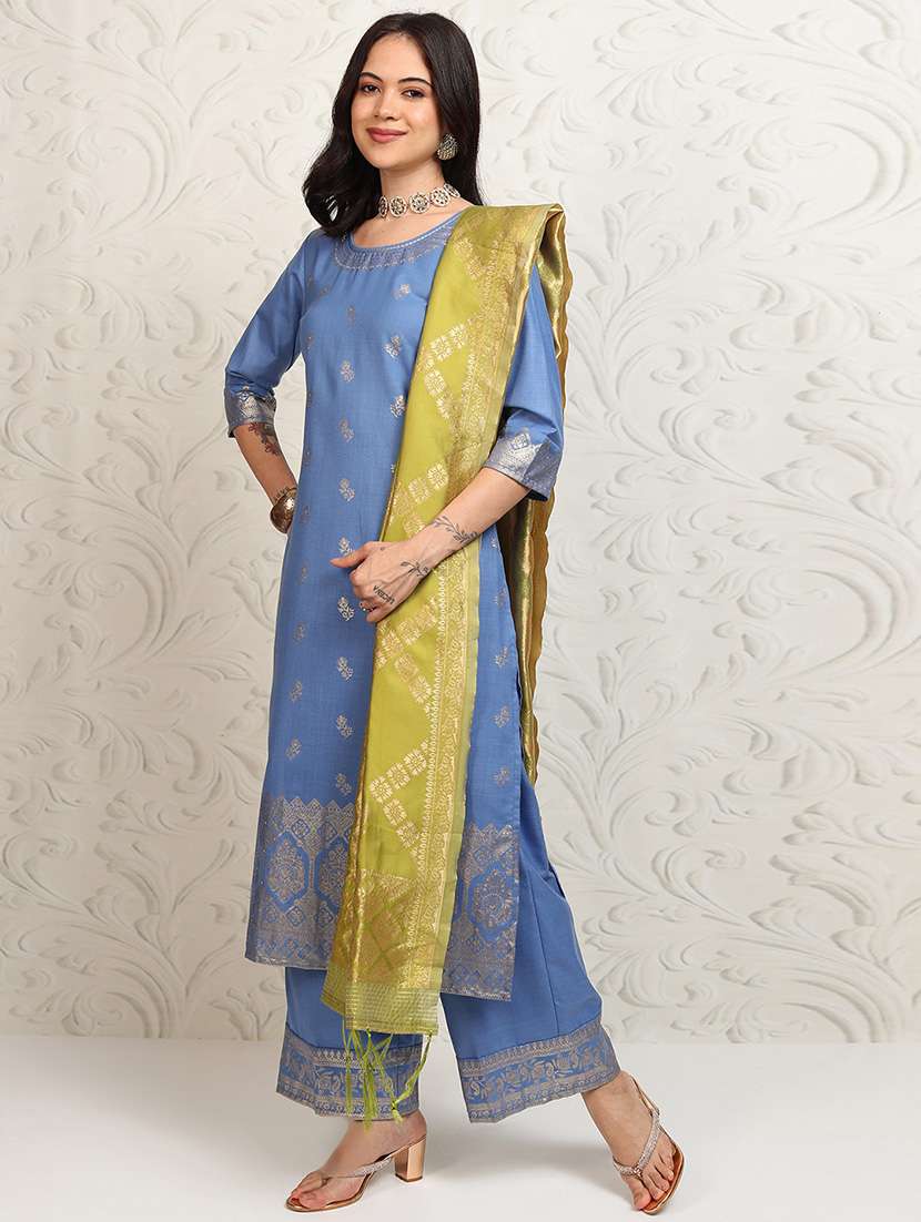 women foil printed three quarter sleeve kurta palazzo with dupatta set