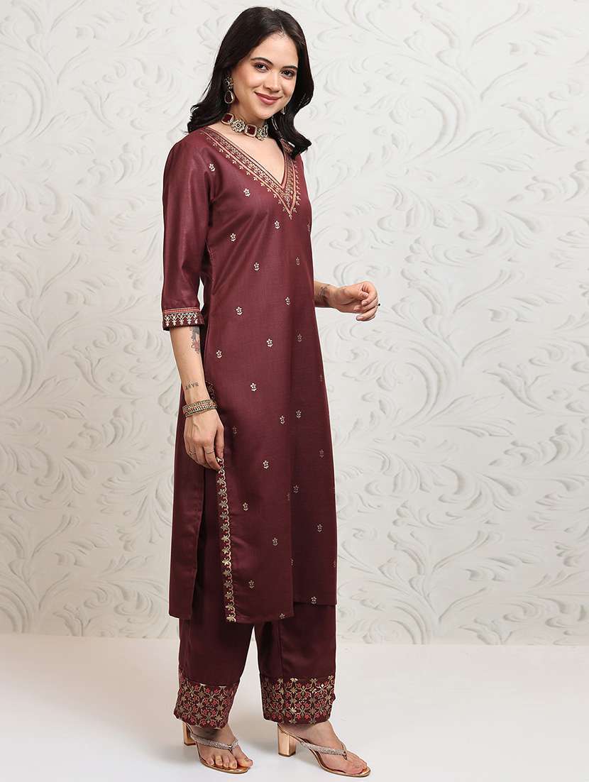 women burgundy kurta palazzo set set - 22462183 -  Standard Image - 3