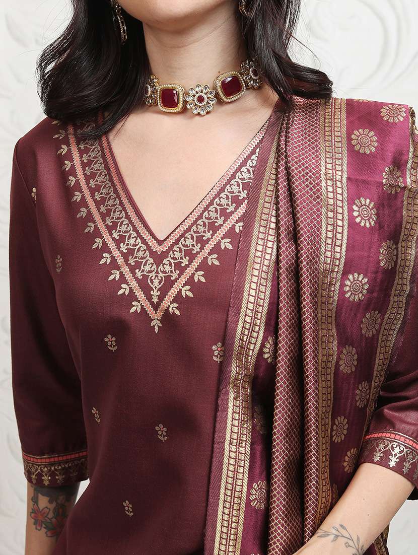 women burgundy kurta palazzo set set - 22462183 -  Standard Image - 5